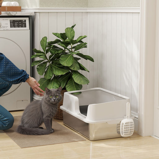 Stainless Steel Cat Litter Box with Detachable Rim Scoop and Odour Control by PawHut