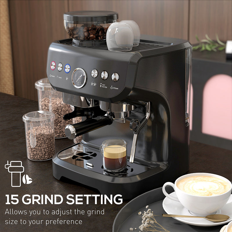15 Bar Espresso Coffee Machine with Adjustable Grind and Milk Steamer for Home Use Black