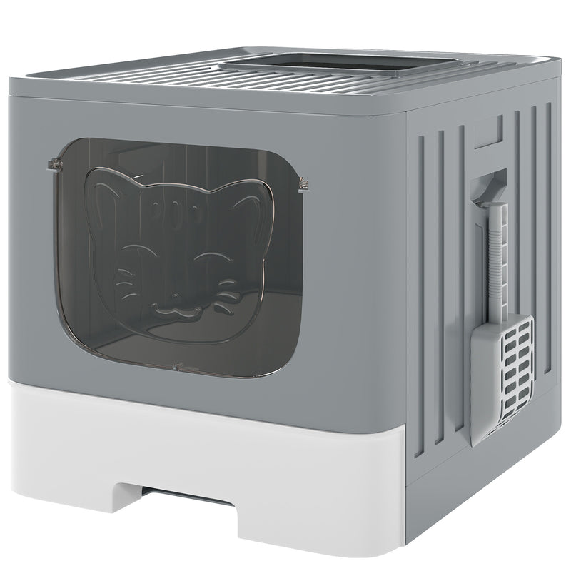 Foldable Cat Litter Box with Lid Drawer and Scoop for Easy Cleaning and Odour Control Grey AOSOM