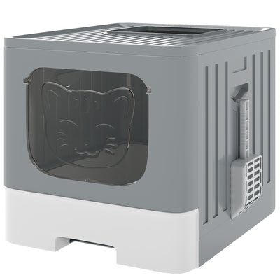 Foldable Cat Litter Box with Lid Drawer and Scoop for Easy Cleaning and Odour Control Grey AOSOM