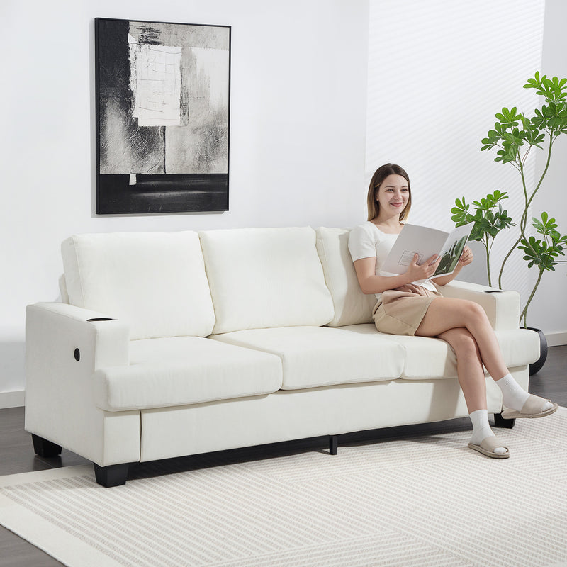 3 Seater Sofa with USB Charging Ports and Cup Holders for Living Room Cream White