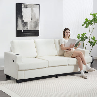 3 Seater Sofa with USB Charging Ports and Cup Holders for Living Room Cream White