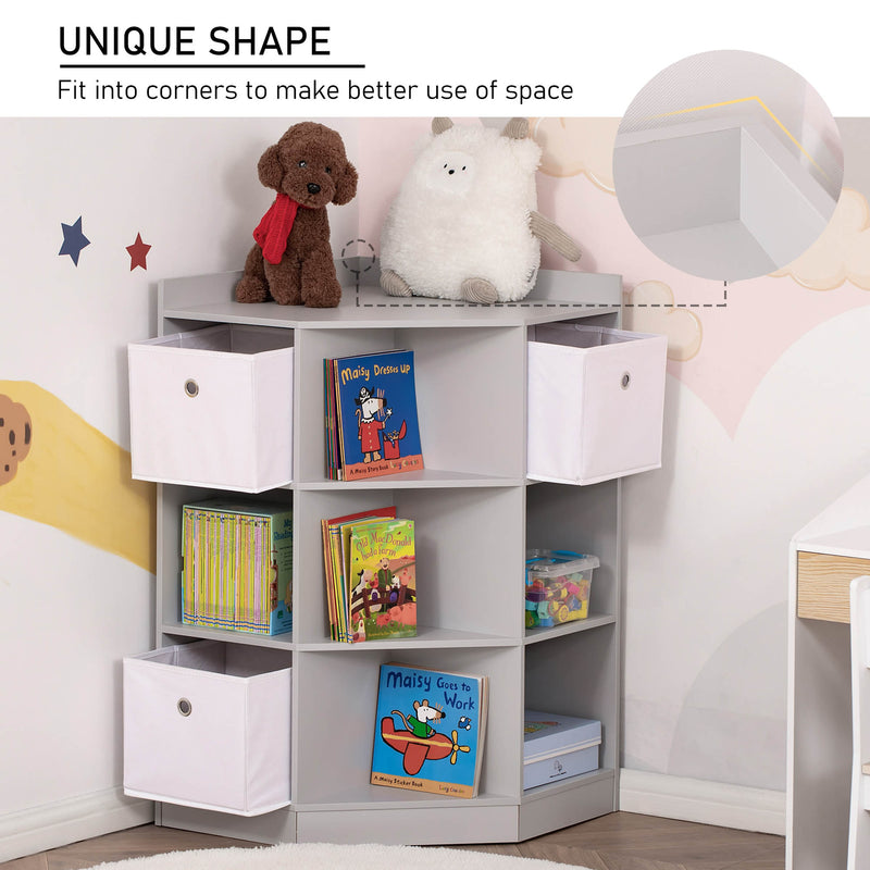 Grey Kids Toy Storage Unit With Bookshelf And Fabric Drawers For Bedroom Or Playroom