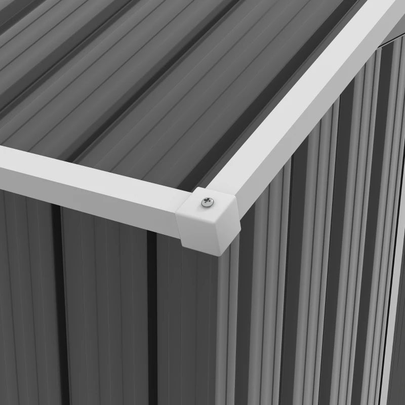 Image of a small grey metal outdoor garden storage shed with apex roof