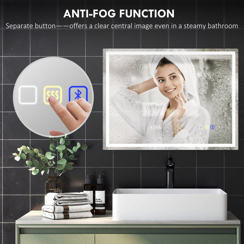 Silver LED Bathroom Mirror with Bluetooth Anti-Fog Function and Clock 60 x 80 cm