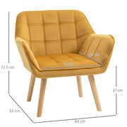 Set of 2 Upholstered Armchairs with Wide Arms and Wooden Legs for Bedroom Seating Yellow