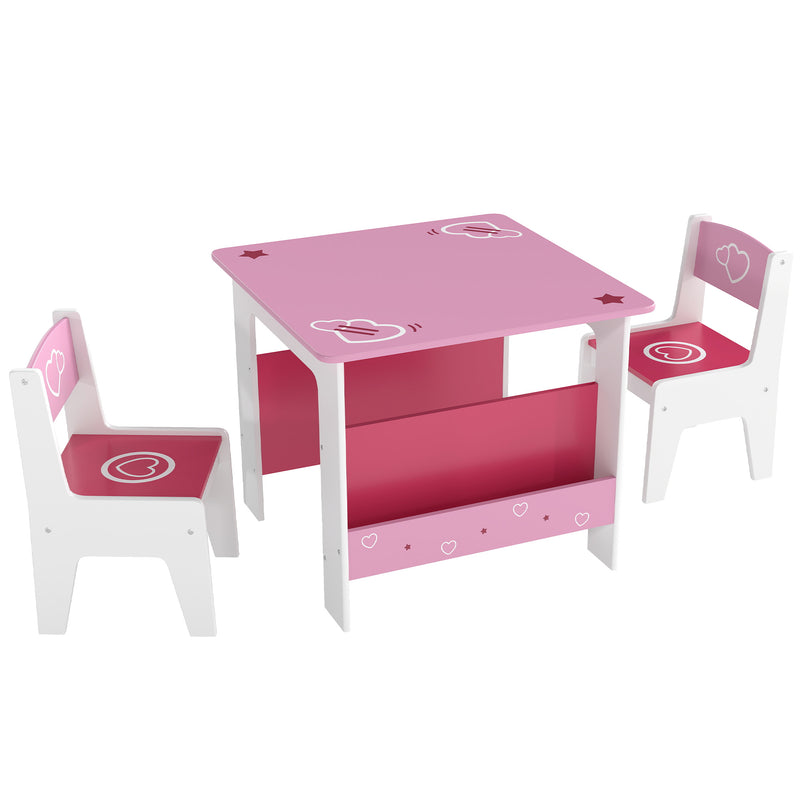 3 Piece Kids Table and Chair Set With Storage Shelves For Playroom Or Nursery Pink AOSOM