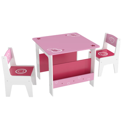 3 Piece Kids Table and Chair Set With Storage Shelves For Playroom Or Nursery Pink AOSOM