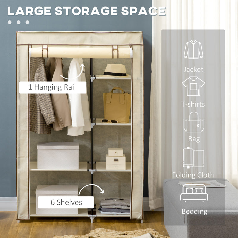 Cream White Fabric Portable Wardrobe with 6 Shelves and Hanging Rail by HOMCOM