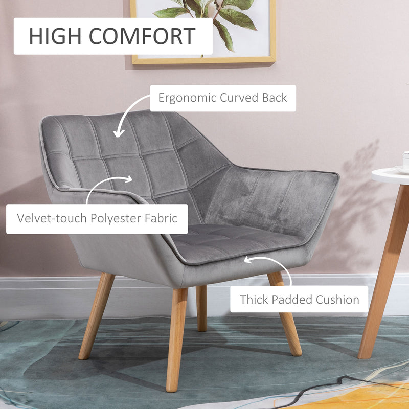 Modern Armchair with Wide Padded Seat and Wooden Legs for Home or Bedroom Grey
