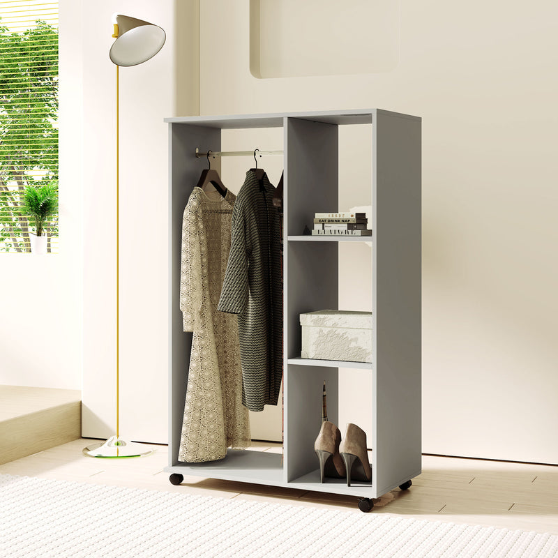 Grey Open Wardrobe on Wheels with Clothes Rail and Shelves for Bedroom Storage by HOMCOM