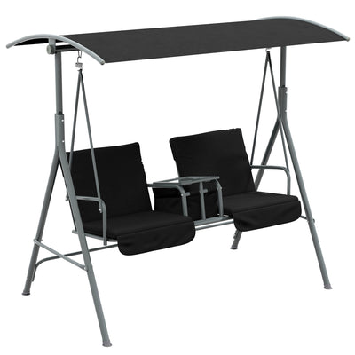 2 Seater Garden Swing Chair With Tilting Canopy Double Padded Seats And Side Tray Black