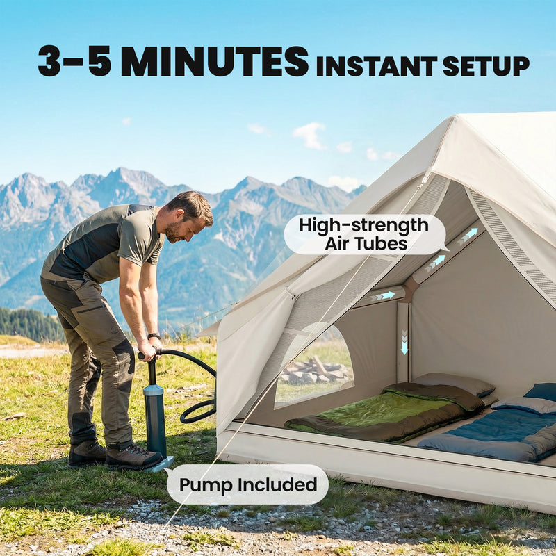 Inflatable Camping Tent For 2–4 People With Pump, Waterproof, Windproof, Beige