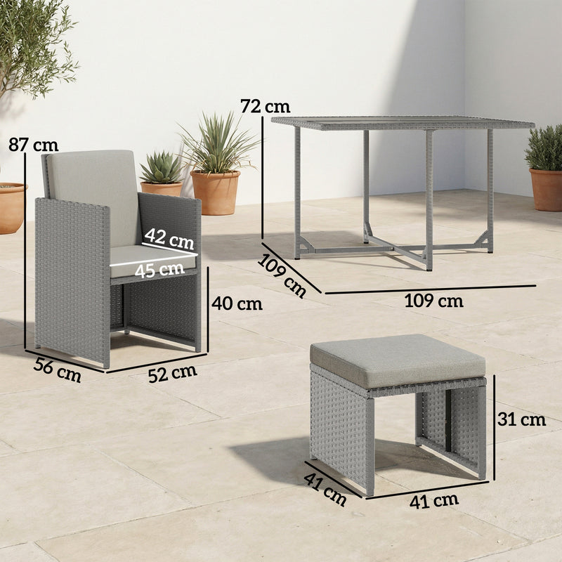 Rattan Cube Garden Dining Set for Family Meals with Cushions and Space Saving Design, Light Grey Outsunny