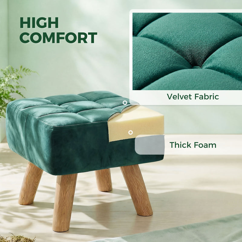 HOMCOM Velvet Square Padded Footstool - Dark Green AOSOM