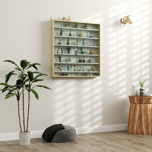 7 Tier Wall Display Cabinet with Glass Doors and Adjustable Shelves Oak by HOMCOM