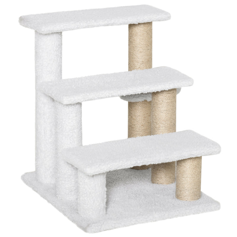 3 Step Cat Climbing Ladder With Scratching Posts and Toy Ball For Indoor Use, White
