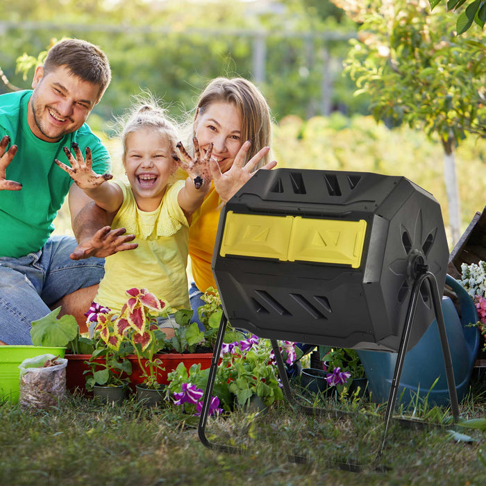 160L Dual Chamber Rotating Compost Bin Yellow Garden Waste Tumbler by Outsunny