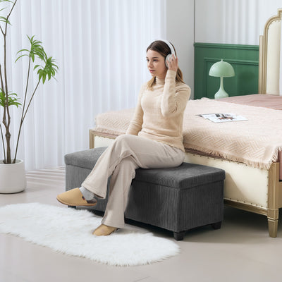 Grey Corduroy Storage Ottoman Bench 112cm With Removable Lid and Legs for Living Room by HOMCOM