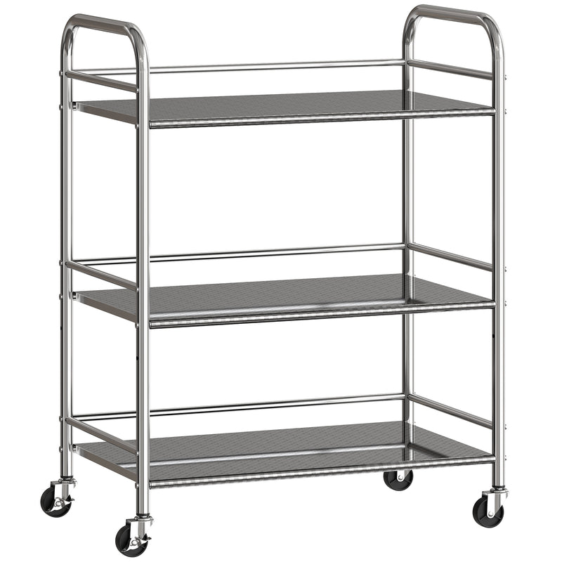 3 Tier Stainless Steel Kitchen Trolley With Adjustable Shelves For Storage, Silver