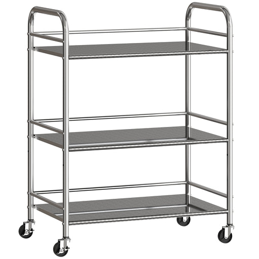 3 Tier Stainless Steel Kitchen Trolley With Adjustable Shelves For Storage, Silver