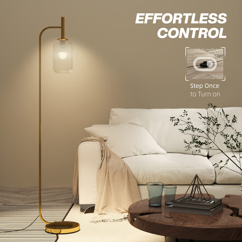 Modern LED Floor Lamp with Glass Shade and Foot Switch for Bedroom or Lounge Gold Tone