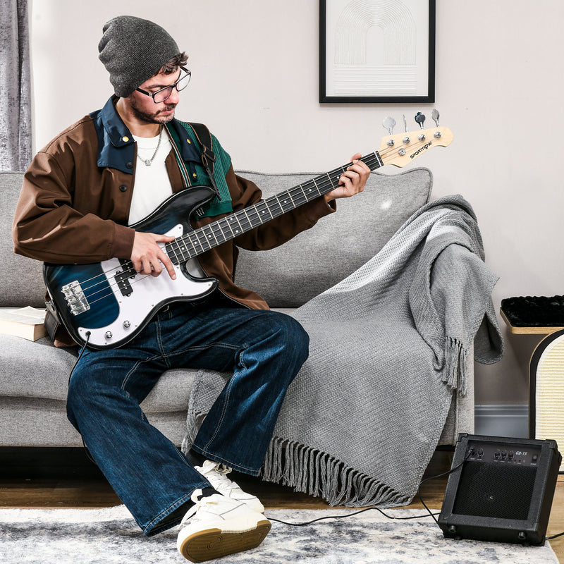 Electric Bass Guitar Starter Kit With Amplifier and Bag for Home Practice Blue Black