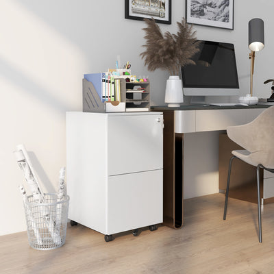 2 Drawer Steel Filing Cabinet with Lock and Wheels for Home Office Storage, White