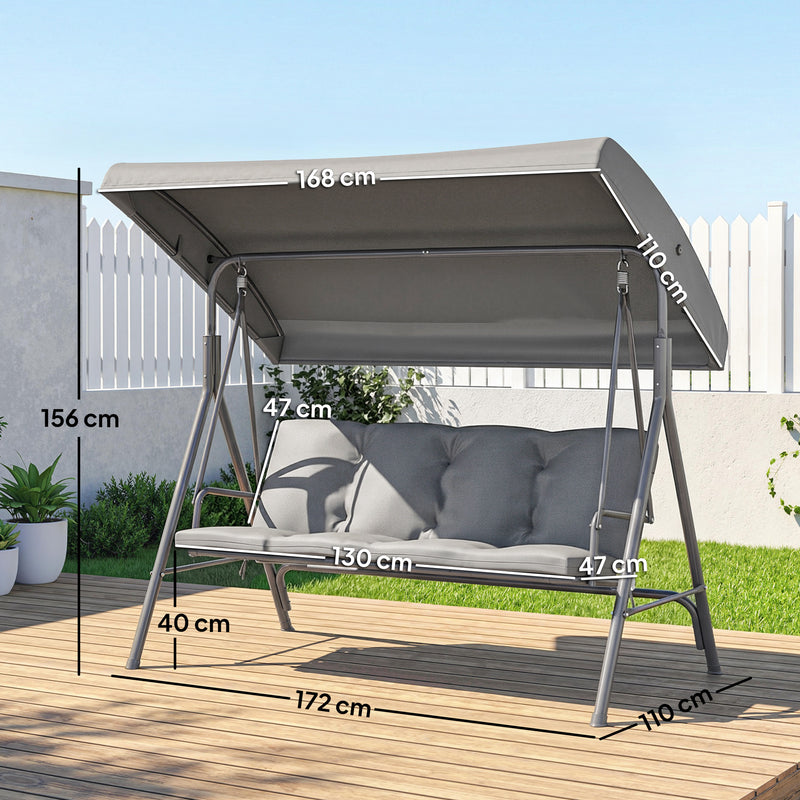 3 Seater Garden Swing Seat with Cushions and Adjustable Canopy for Outdoor Relaxing, Dark Grey