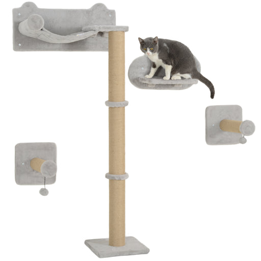 Light Grey 4 Piece Cat Wall Shelves with Scratching Post Ladder Steps and Toys for Indoor Cats by PawHut