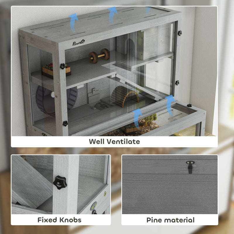 Wooden Hamster Cage With Wheel Ramps and Removable Panels for Small Pets Grey AOSOM
