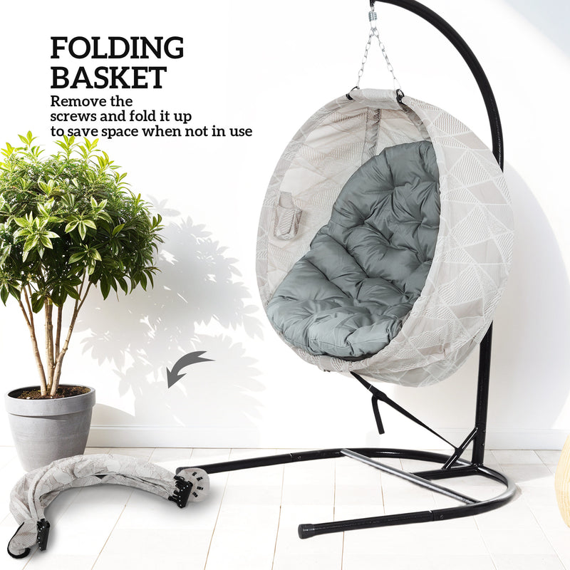 Grey Hanging Egg Chair with Stand Thick Cushion and Cup Holder for Garden or Balcony by Outsunny