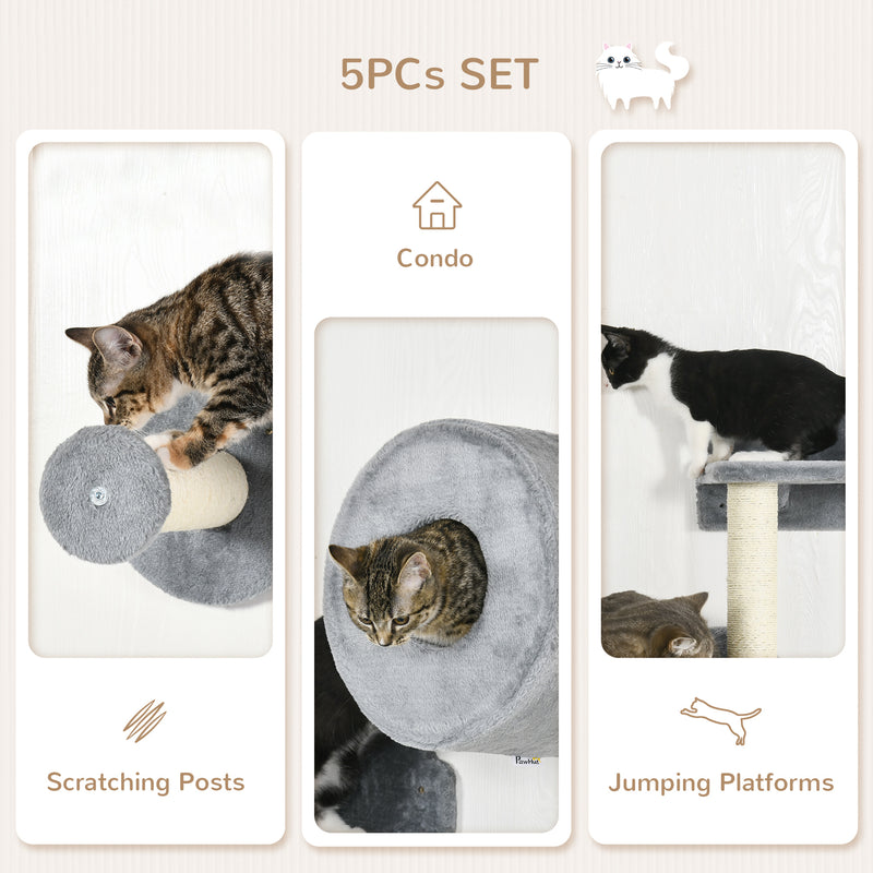 5 Piece Wall Mounted Cat Furniture Set With Perch and Scratching Post Grey AOSOM