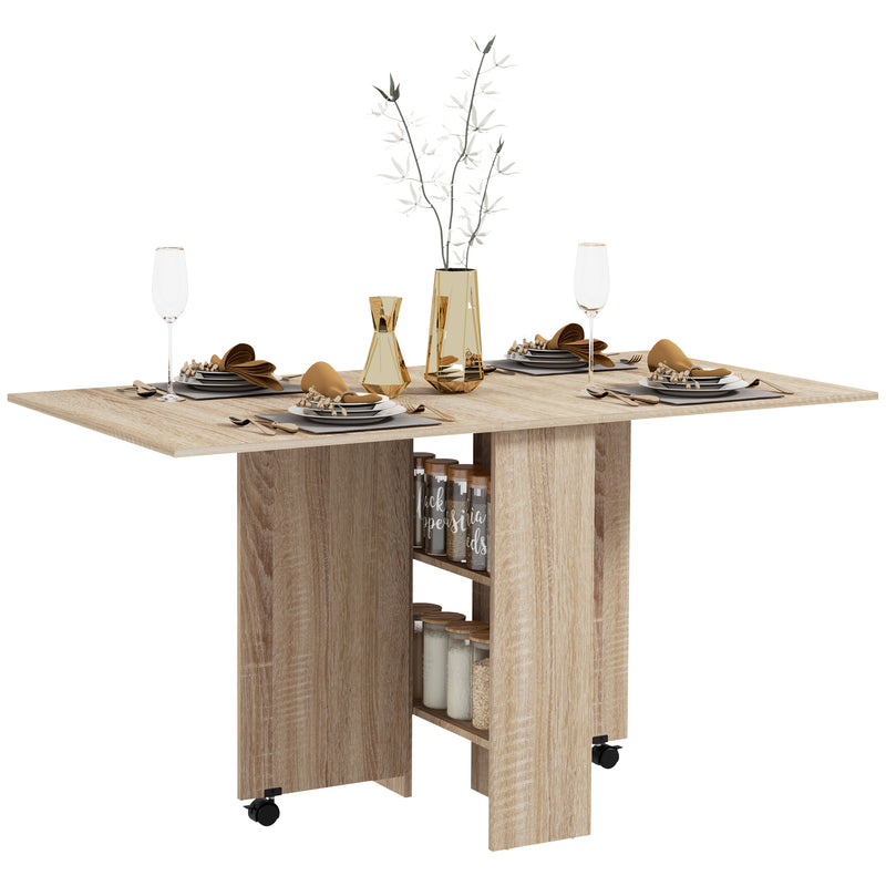 Folding Drop Leaf Dining Table with Storage Shelves and Wheels for Small Spaces Natural