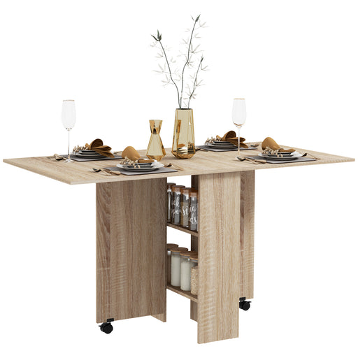 Folding Drop Leaf Dining Table with Storage Shelves and Wheels for Small Spaces Natural