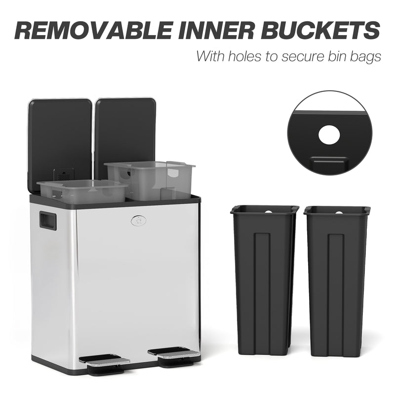 40L Dual Compartment Stainless Steel Kitchen Bin with Deodorisers Silver by Homcom
