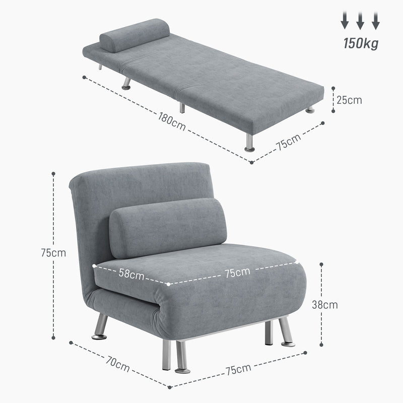 Grey Velvet Feel Single Sleeper Chair Comfortable Space Saving Design by HOMCOM