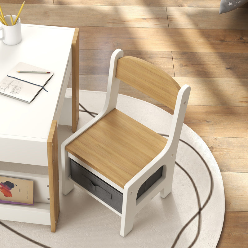 Three Piece Kids Table and Chair Set with Blackboard Storage and Shelves in Natural Wood AOSOM