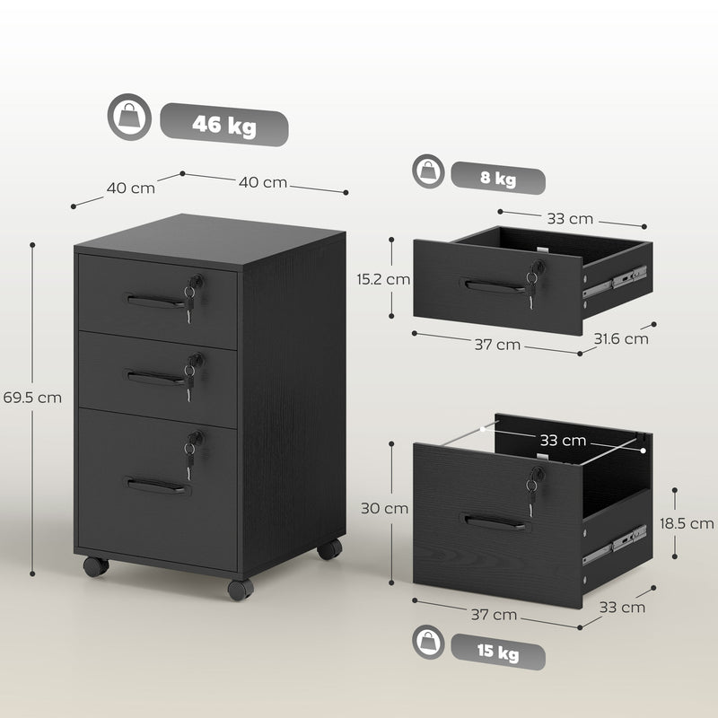 Black 3 Drawer Wood Effect Filing Cabinet With Smooth Rollers For Home Office Use