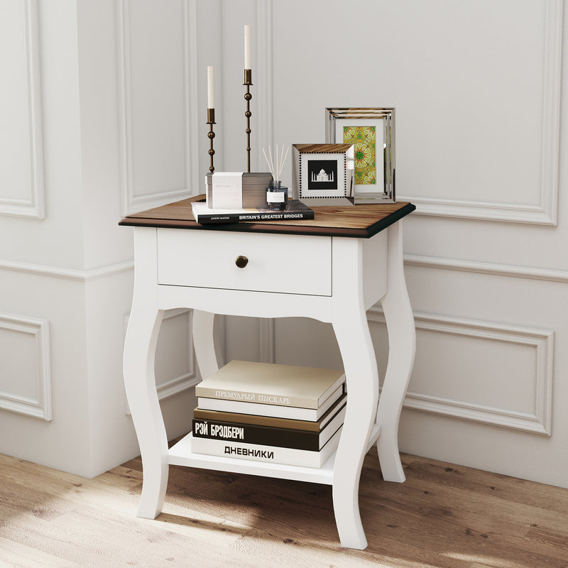 2 Piece French Style Bedside Tables with Drawer and Shelf for Bedroom or Lounge White