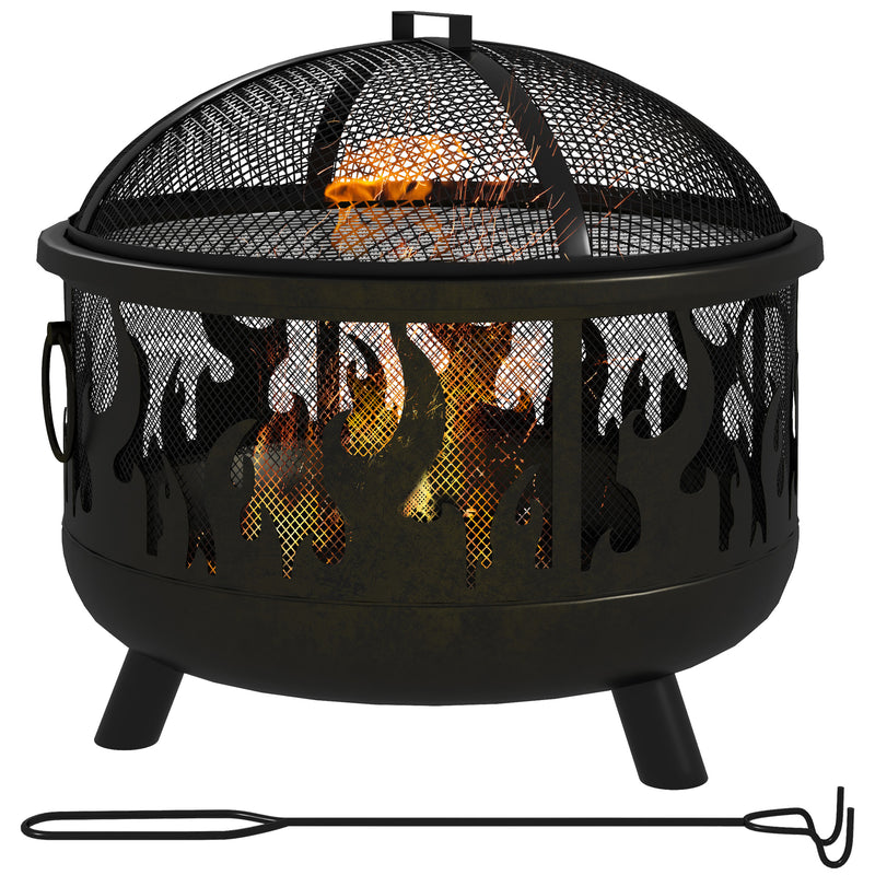 Black Steel Fire Pit BBQ With Poker For Garden Heating And Outdoor Cooking