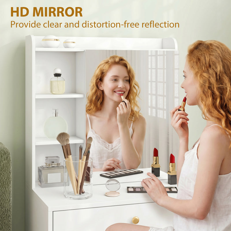 Dressing Table Set with Mirror and Storage Stool for Small Bedrooms White