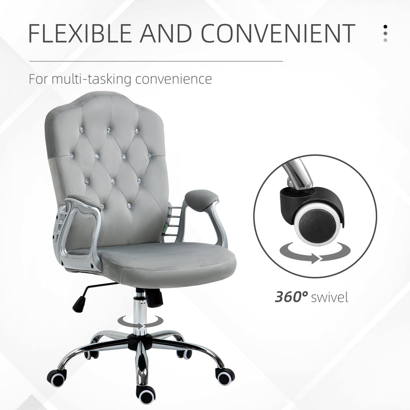 Velvet Feel Office Chair With Diamante Button Backrest For Home Or Desk Use, Grey