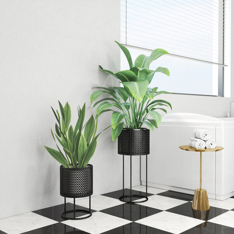 Metal Planter Set of 2 for Indoor or Outdoor Plants with Modern Woven Design Black AOSOM