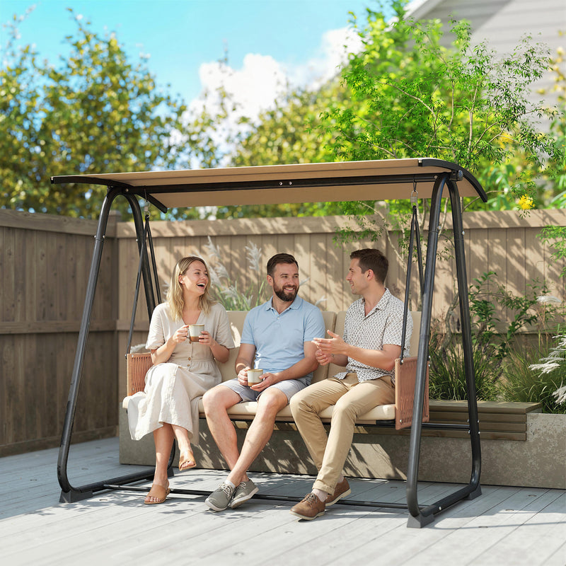 3 Seater Garden Swing Seat with Adjustable UPF30+ Canopy and Cushions for Shaded Outdoor Relaxing Sand Brown