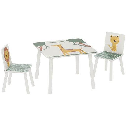 3 Piece Animal Themed Kids Table and 2 Chair Set with Storage for Playroom or Bedroom, Green