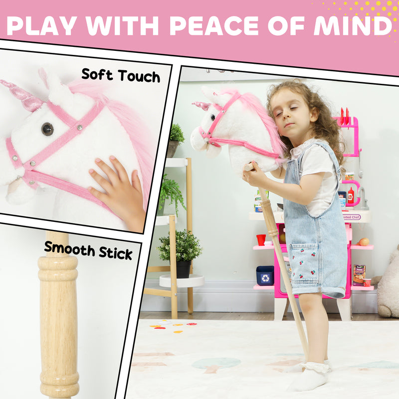 Unicorn Stick Horse Toy With Wheels and Realistic Sounds for Kids Riding Fun White AOSOM