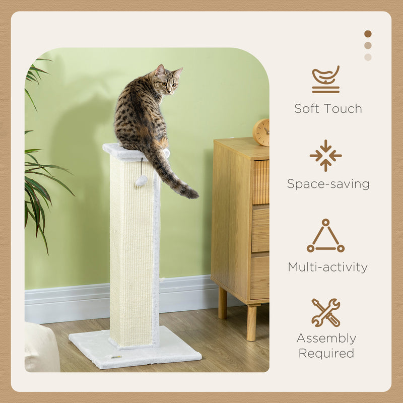 White 81cm Cat Scratcher with Sisal Rope Hanging Ball and Soft Plush by PawHut