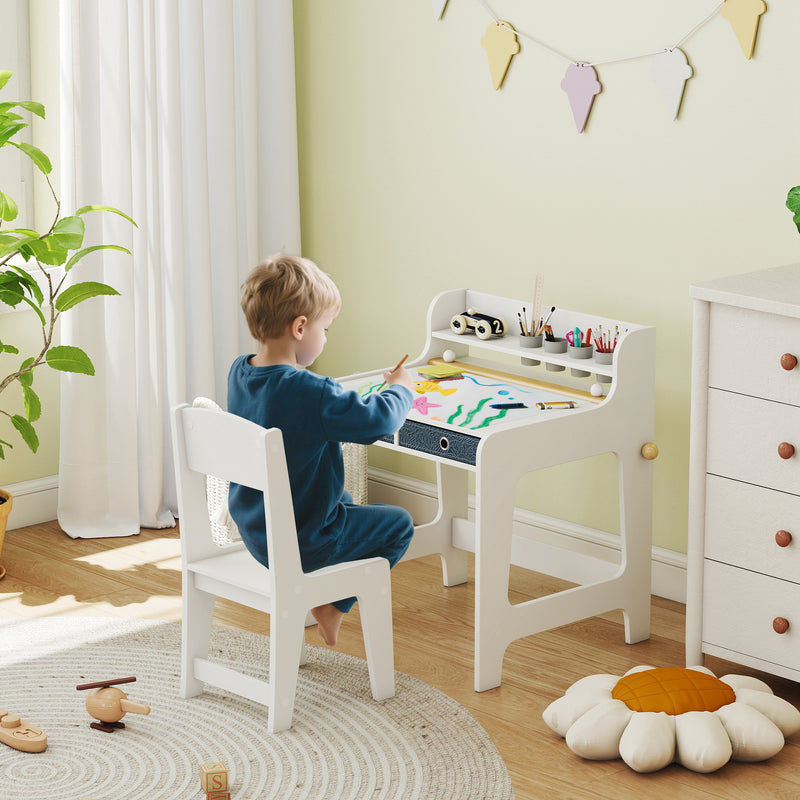 Kids Art Table and Chair Set with Storage Shelf and Drawers Ideal for Creative Play White AOSOM