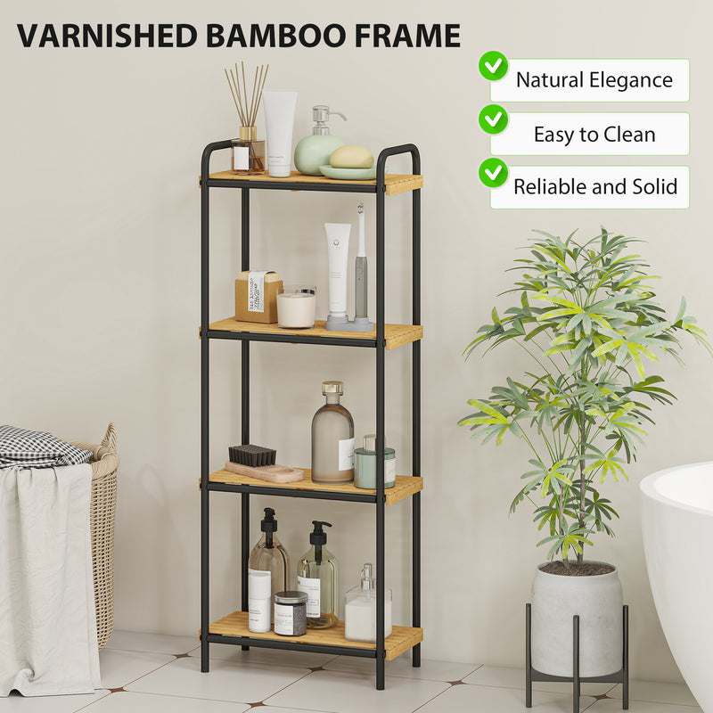 4 Tier Freestanding Bamboo Storage Shelf For Bathroom Or Kitchen With Slatted Design, Natural and Black